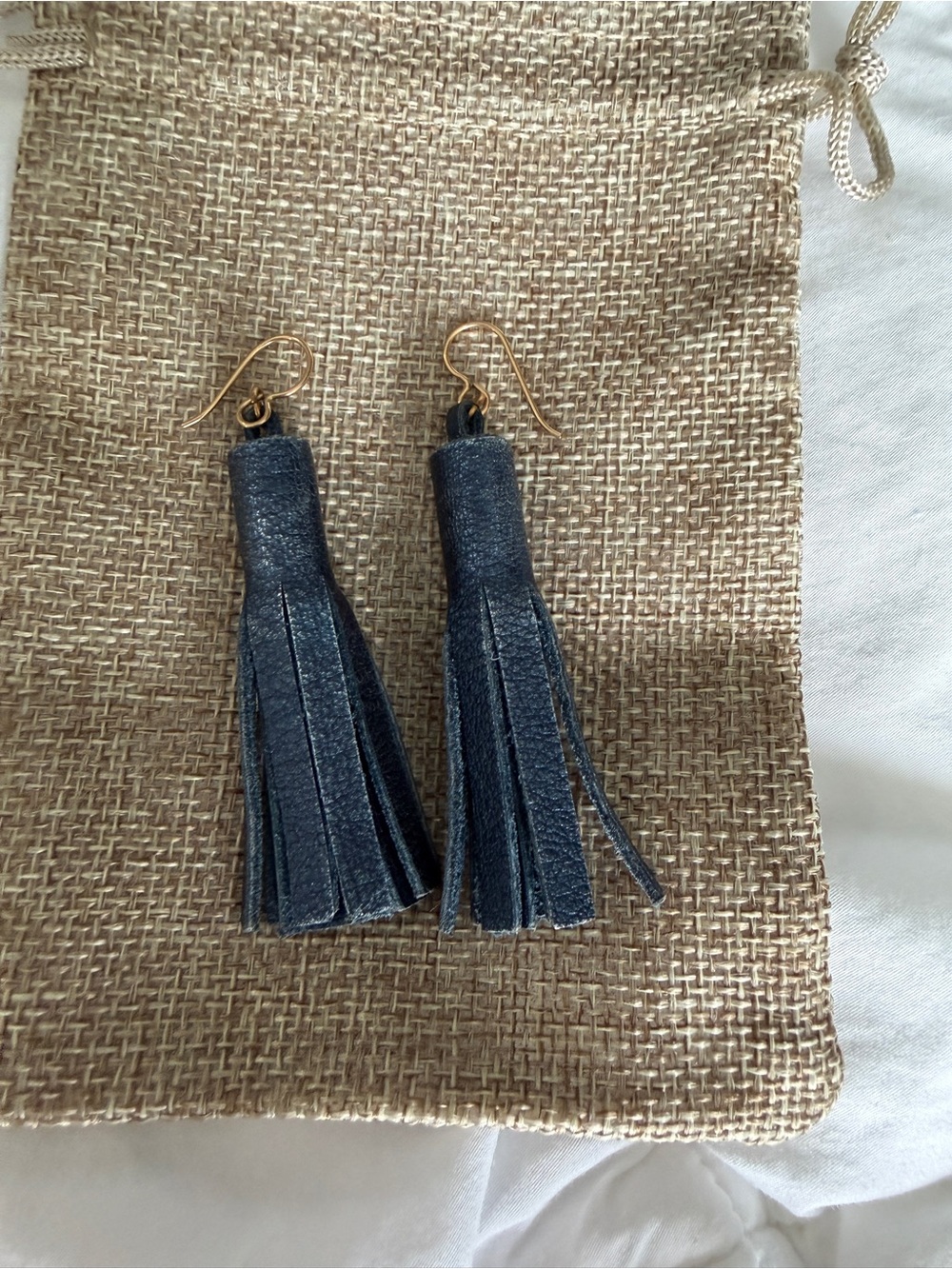 Navy Leather Tassel Hook Earrings